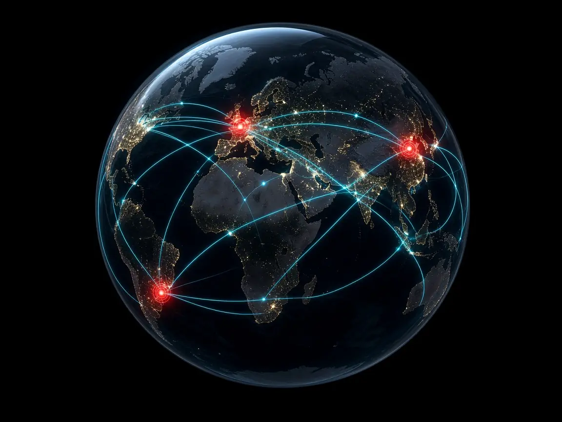 Night-side globe with cyan routes and a few red pulses