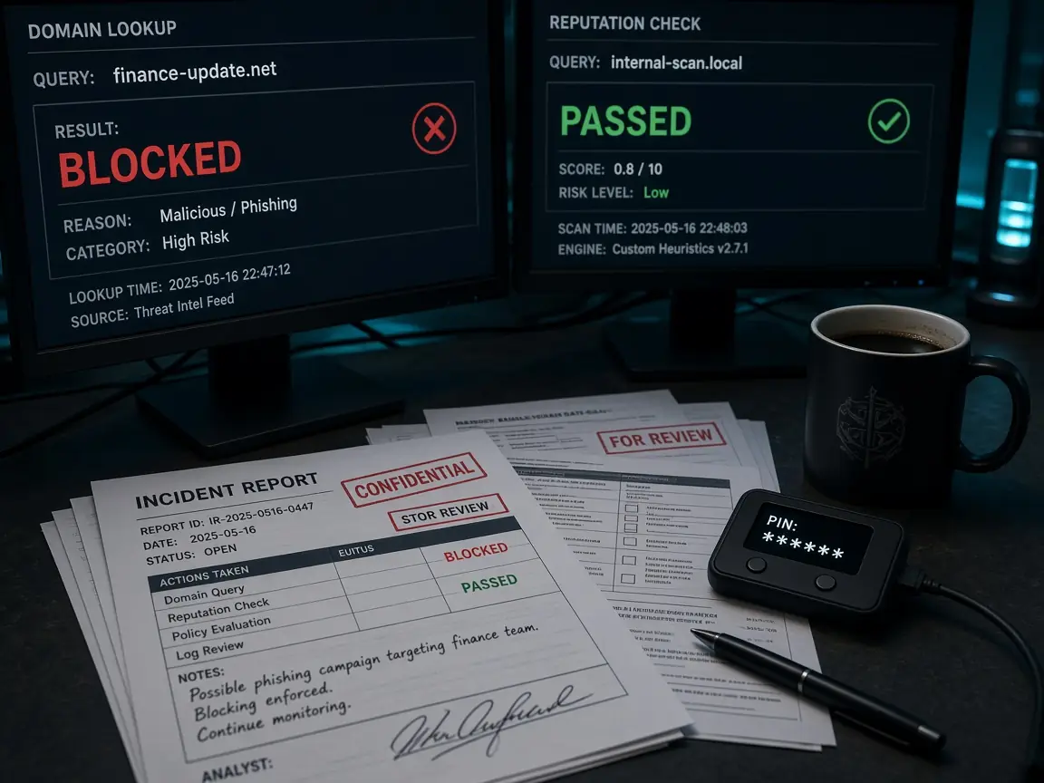 Night desk with two monitors showing lookup results